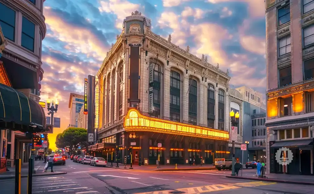 Golden hour sunset over a city street with a historic theater and glowing marquee.