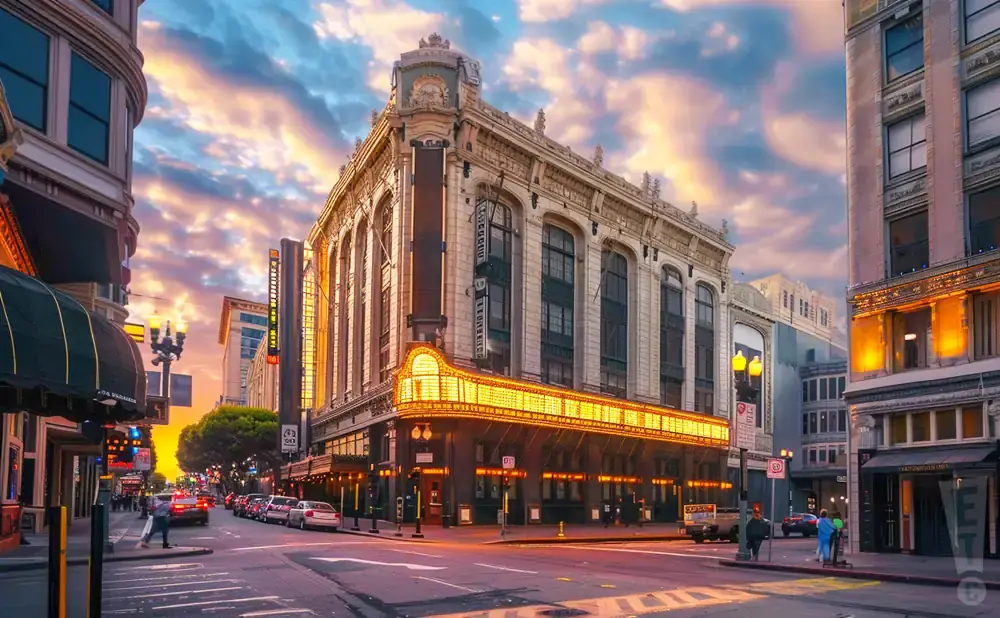 Downtown cityscape at sunset with a historic theater illuminated by marquee lights.