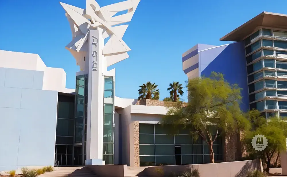 Modern building with geometric white sculpture, blue accents, and glass facade, under a clear blue sky.