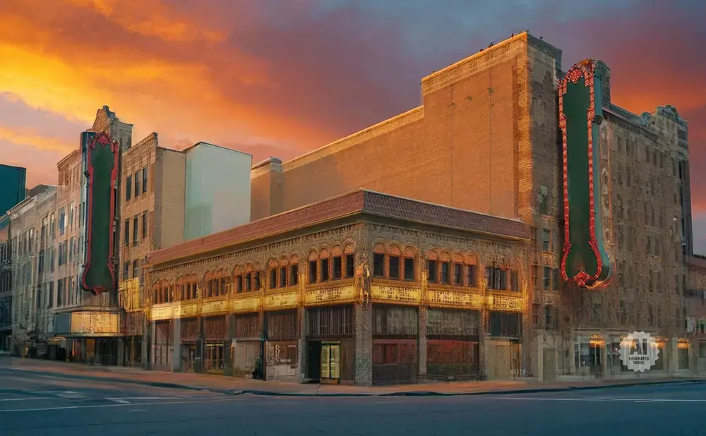 An old theater building with a neon sign at sunset.