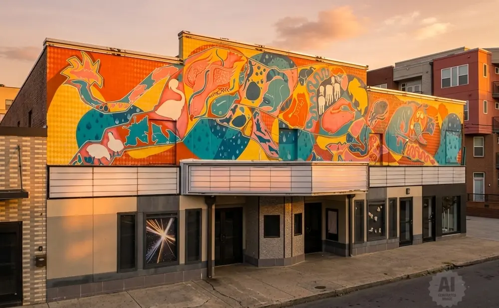 A theater facade features a large, colorful mural of abstract shapes and figures.