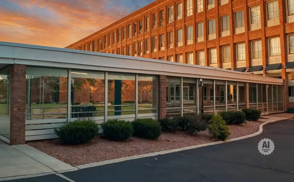 Sunlight reflects off a modern glass walkway leading to a large brick building, with a dramatic sunset sky overhead.