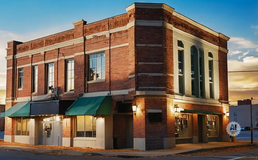Brick building with green awnings and large windows, at dusk.