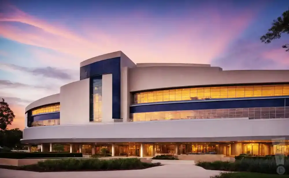 Modern building with curved architecture and large windows against a pink and purple sunset sky.