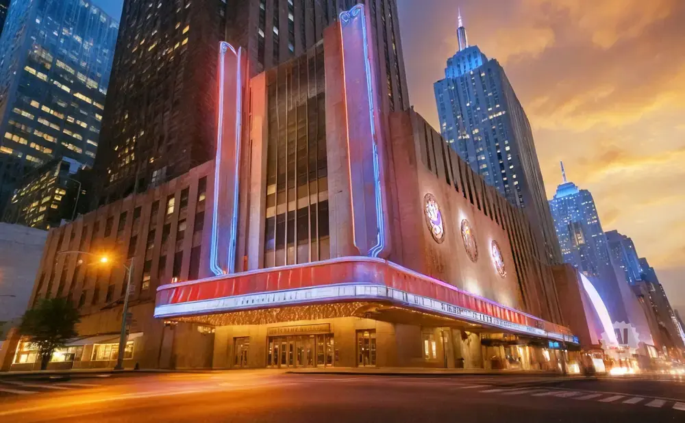 Art deco theater entrance with neon lights framed by skyscrapers at dusk.