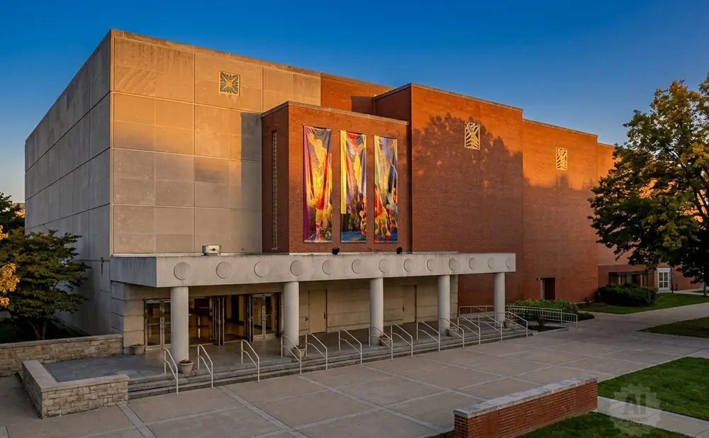 Modern brick and stone building with banners hanging above entrance.