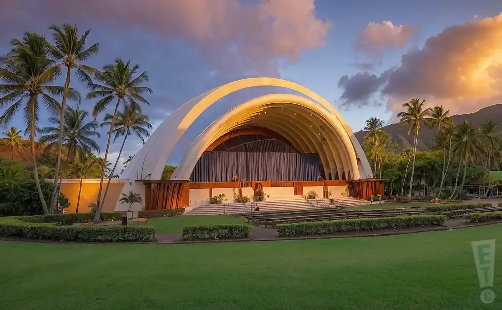 An outdoor amphitheater with a large arched roof, palm trees, and mountains in the background during sunset.