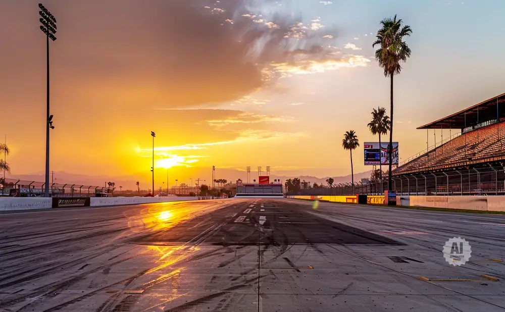 Sunset over a drag strip with stadium seating and palm trees.