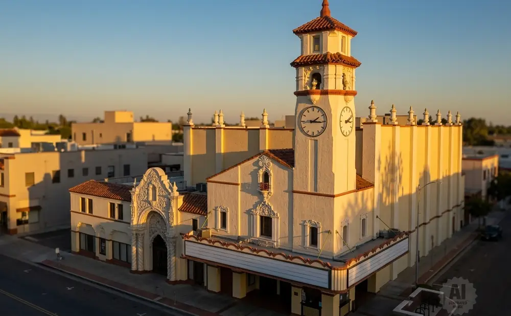 Spanish Colonial Revival theater with a clock tower at sunset.