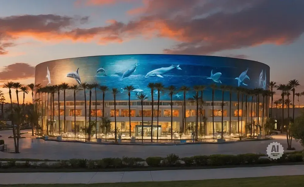 Modern building with dolphin mural, palm trees, and sunset sky.