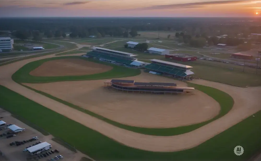 Aerial view of a racetrack at sunset with grandstands and surrounding buildings.