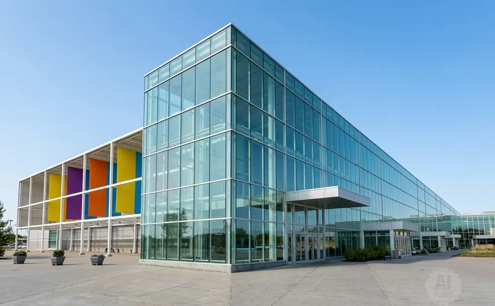 Modern glass building with colorful banners and a clear blue sky.