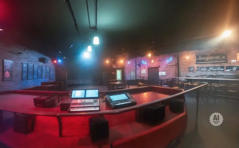 A dimly lit music venue with a red stage, keyboards, and a bar in the background.