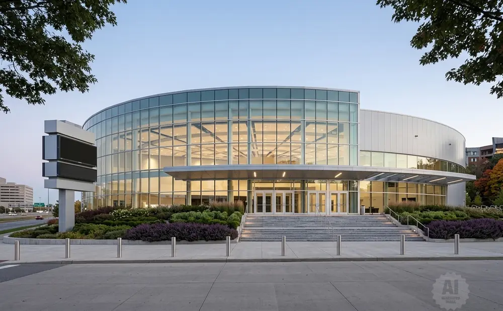 Modern glass-fronted building with tiered steps, landscaping, and a large digital display sign.