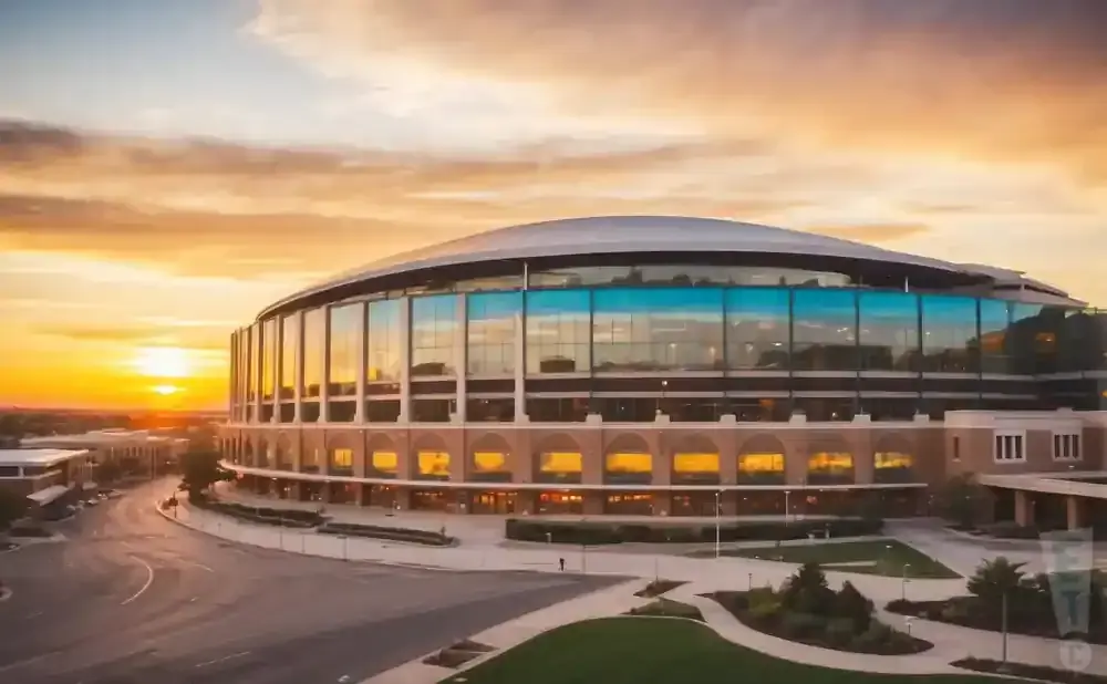 A domed stadium with glass windows reflects a vibrant sunset at dusk.