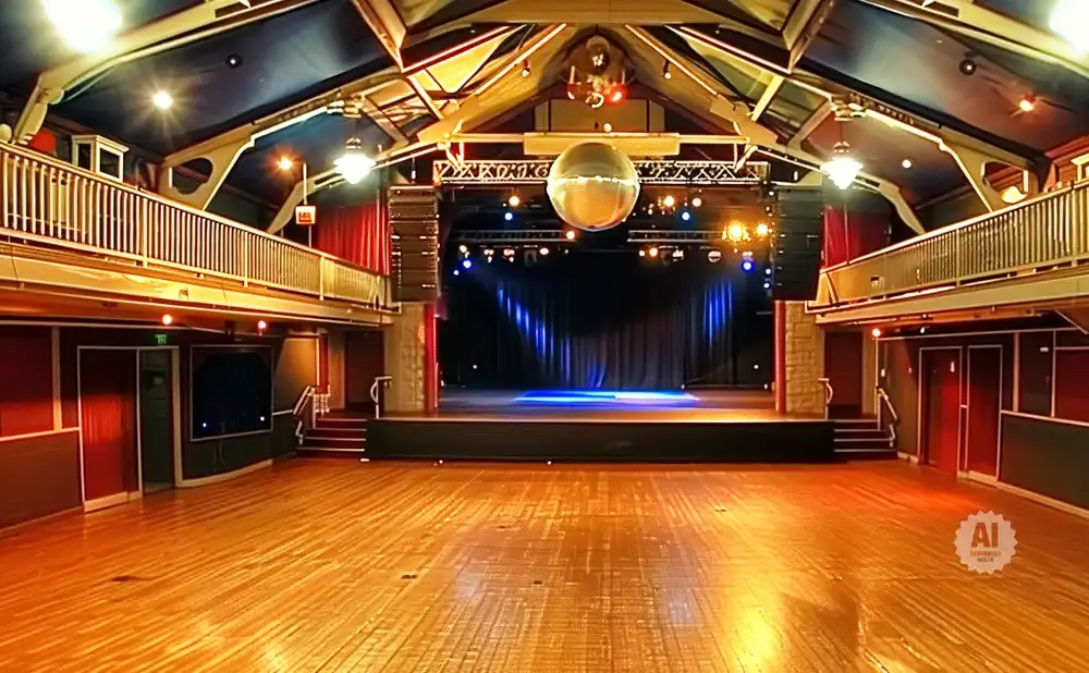 A wide shot of a large, empty ballroom with a stage and disco ball.