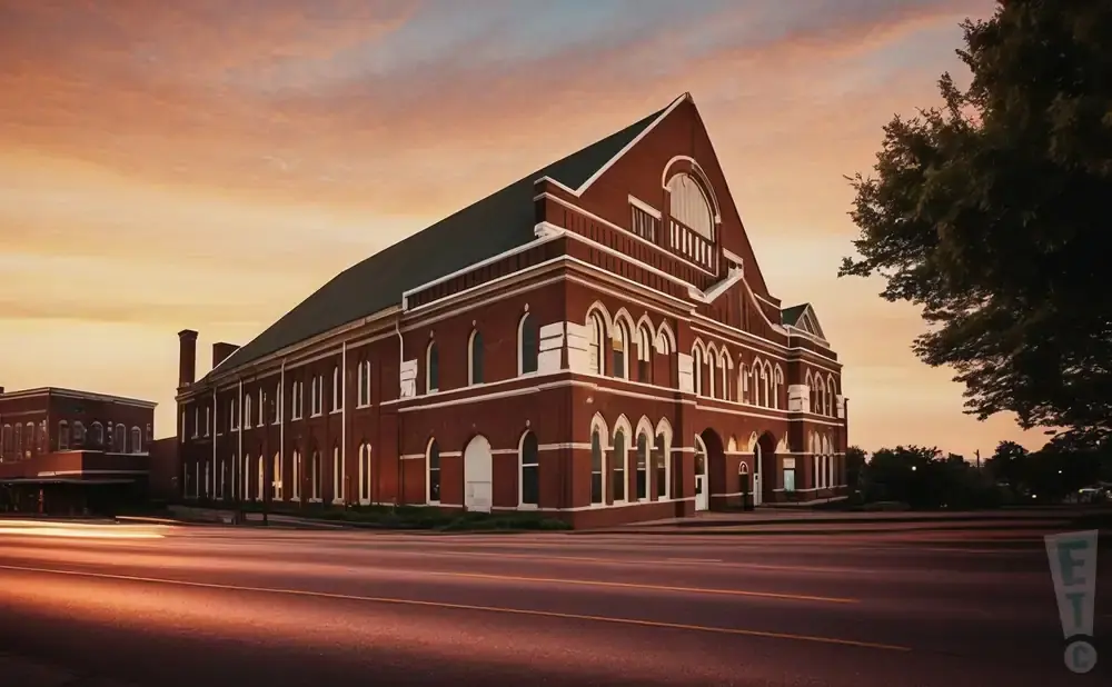 A brick building with a steep roof against a sunset sky.