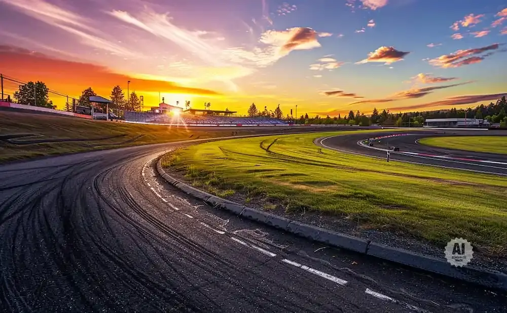 Race track at sunset with a colorful sky, grandstands, and tire marks on the asphalt.