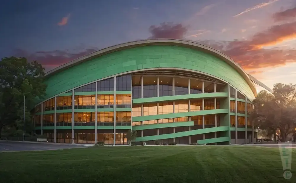A modern green building with large windows at sunset.