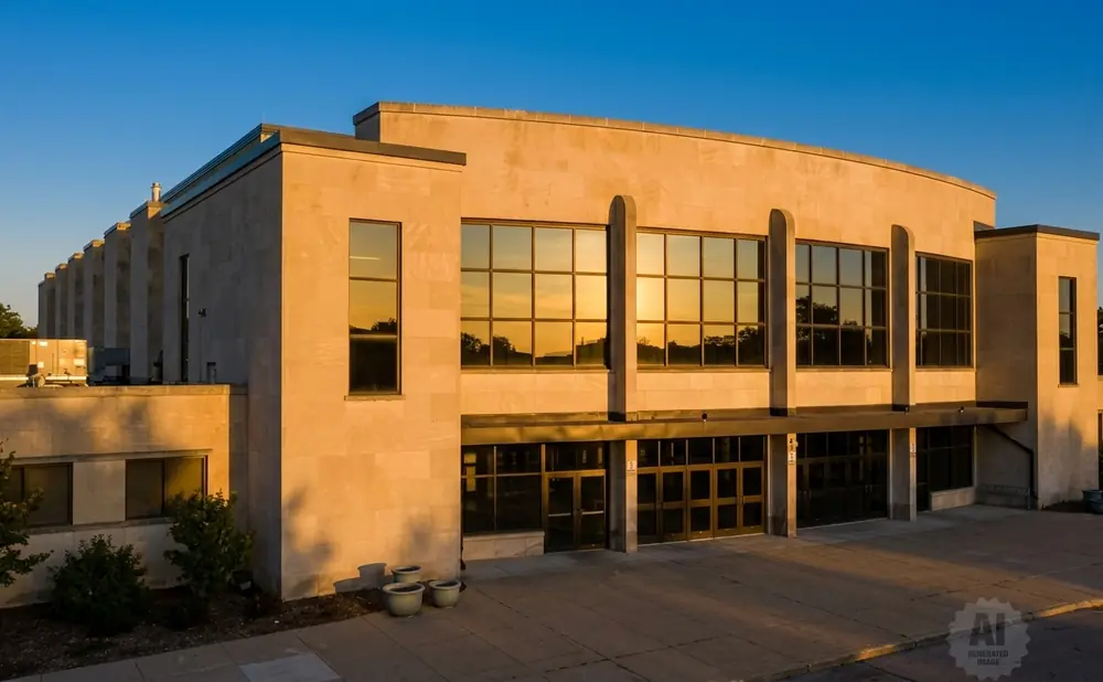 Modern tan stone building with large windows reflecting a sunset under a clear blue sky.