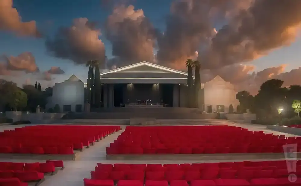 Outdoor amphitheater with rows of red seats facing a stage, under a dramatic sunset sky.
