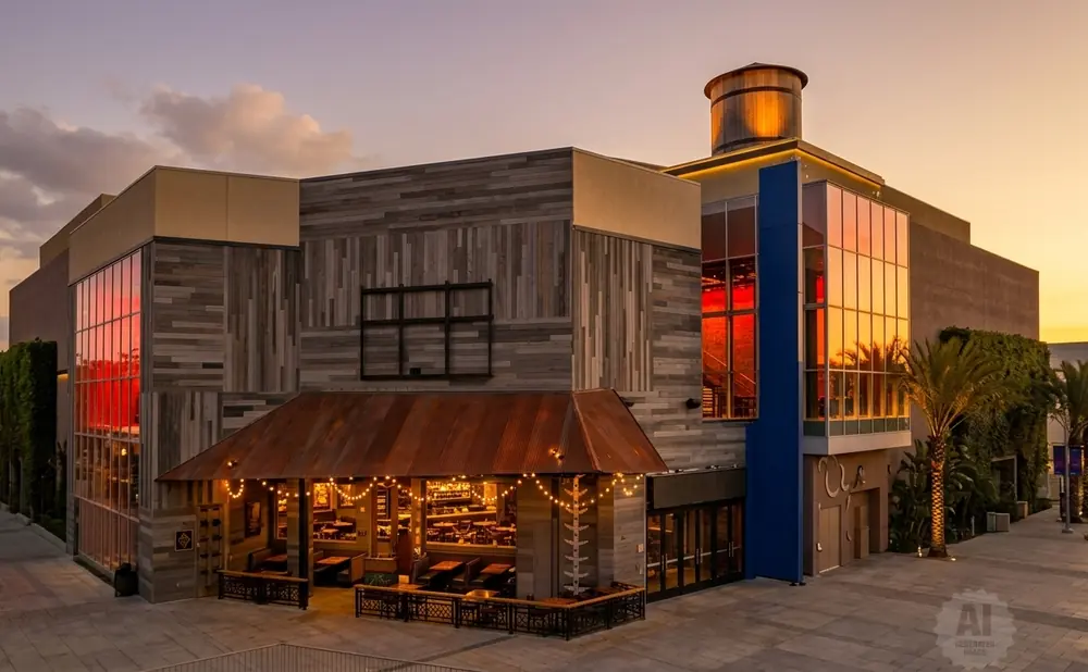A modern building with rustic wooden siding and large windows reflecting a sunset, featuring a covered outdoor dining area with string lights.