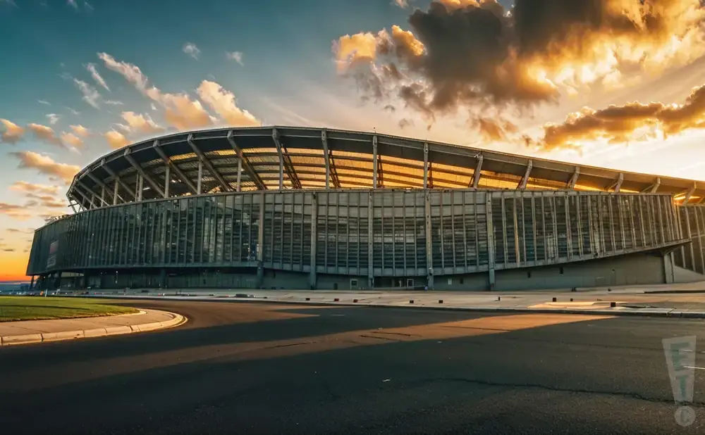 A large stadium under a dramatic sunset sky with warm clouds.