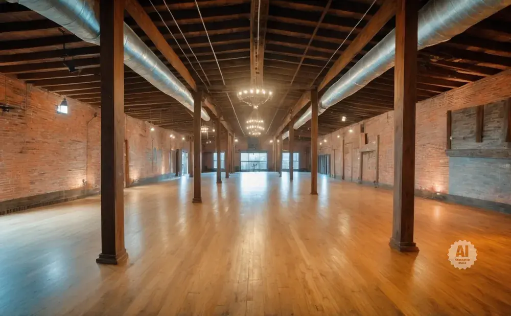An empty industrial-style event space with exposed brick walls, wooden beams, and a polished wooden floor.