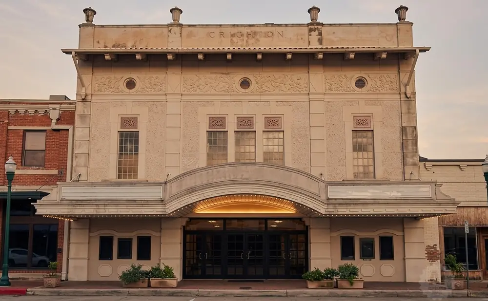 The Crition Theater, a historic building with intricate architectural details, stands proudly with a marquee and grand entrance.