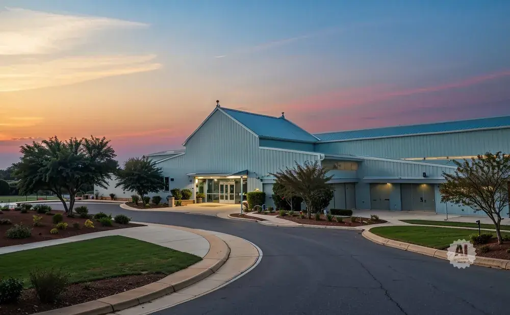 A light blue building with a blue roof at dusk, with a curved road leading to the entrance.