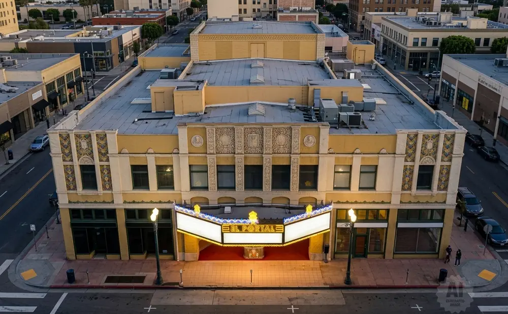 An aerial view of the historic El Portal theater with its marquee lit up.