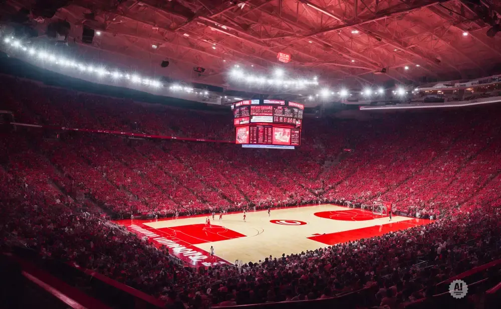A crowded basketball arena, with fans dressed in red, cheers during a game under bright lights.