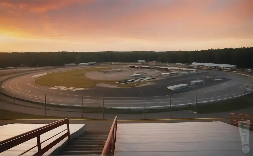 Sunset over a speedway with grandstands in the foreground and trees in the background.