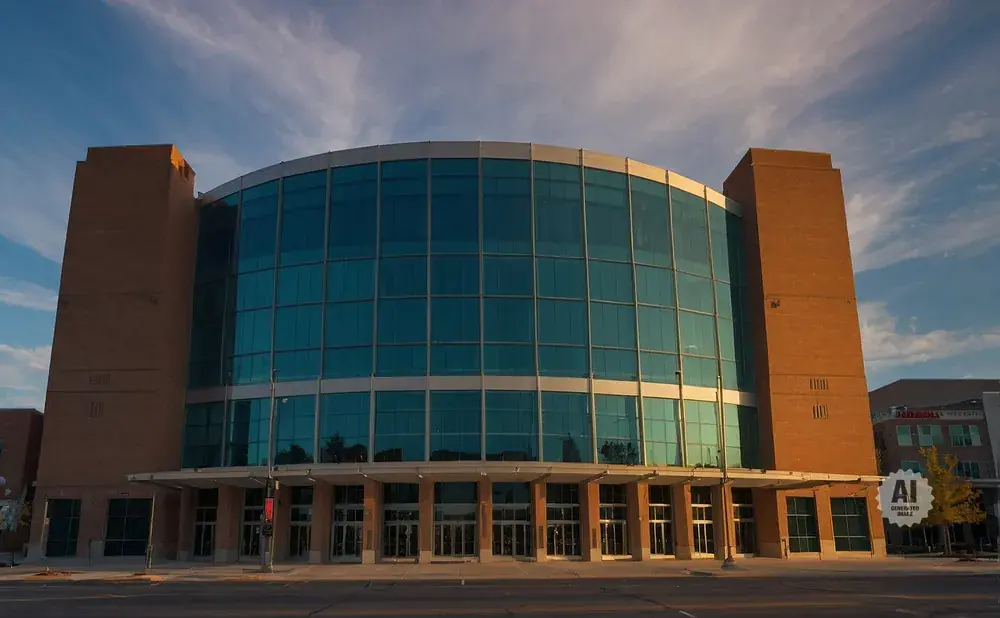 A modern brick and glass building with a curved facade under a blue, cloudy sky.