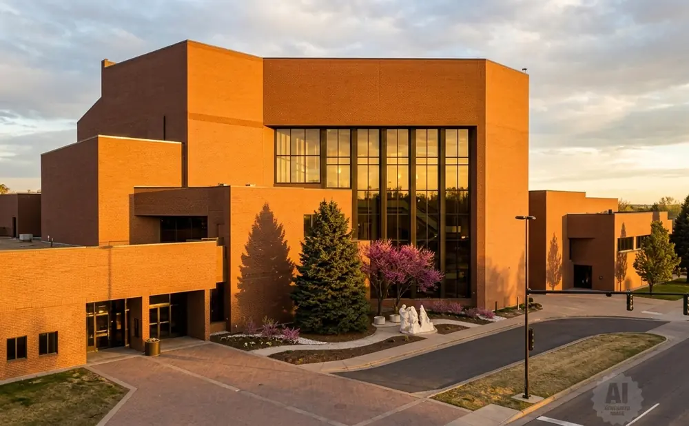 Orange brick building with large windows and trees, at sunset.