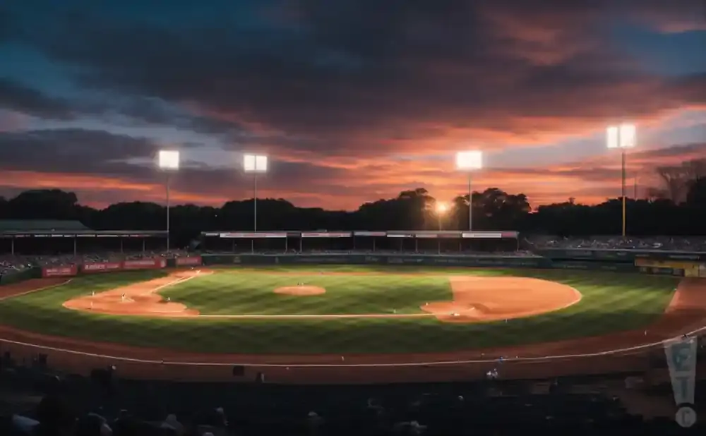 A baseball stadium at sunset, with lights on and a vibrant sky.