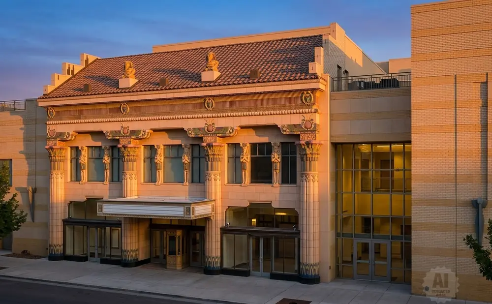 Art Deco building with ornate columns, tiled roof, and modern glass entryway.