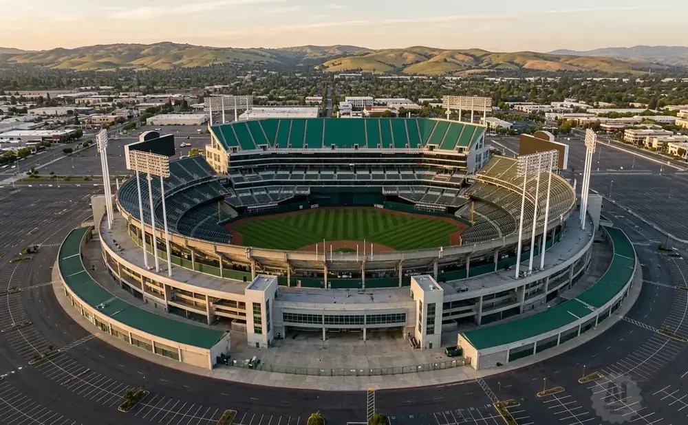 Aerial view of a baseball stadium surrounded by empty parking lots and a distant city.