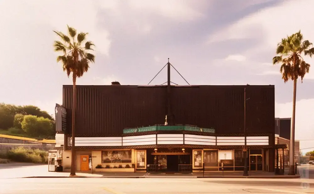 A vintage theater with palm trees and a marquee under a cloudy sky.
