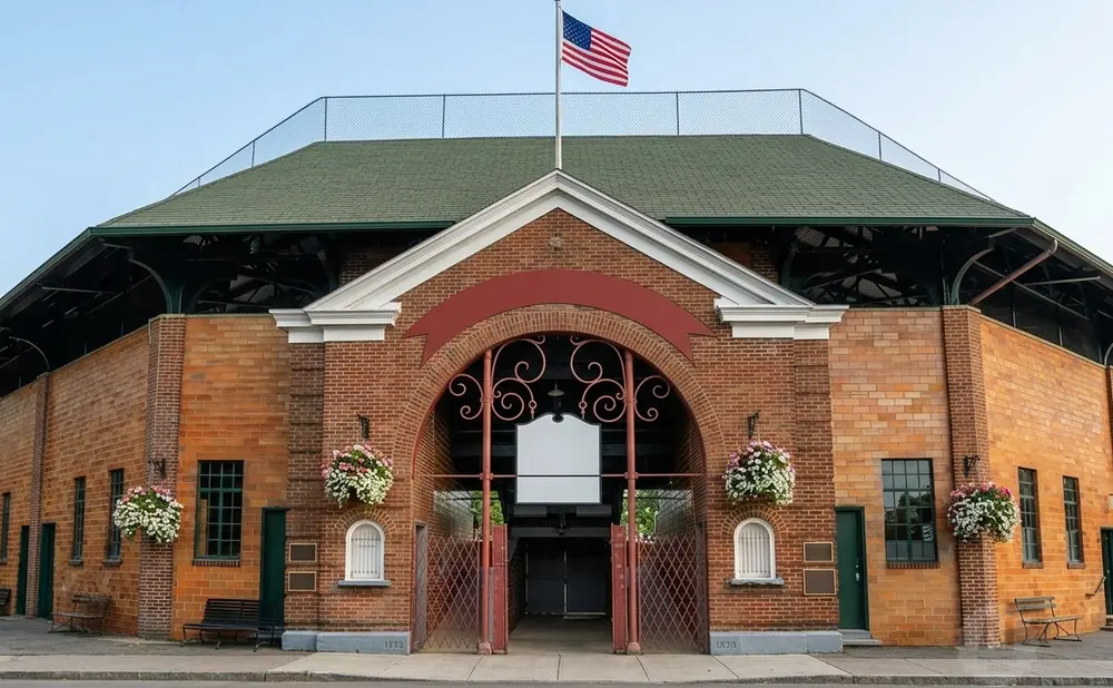 Brick building with arched entrance and American flag.