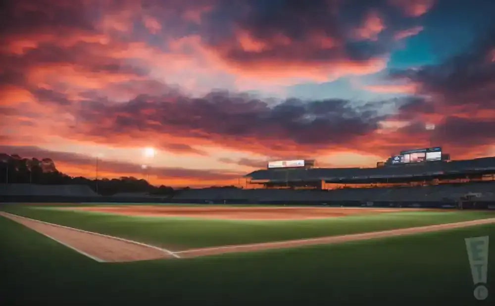 A baseball field at sunset with vibrant orange and purple clouds overhead.
