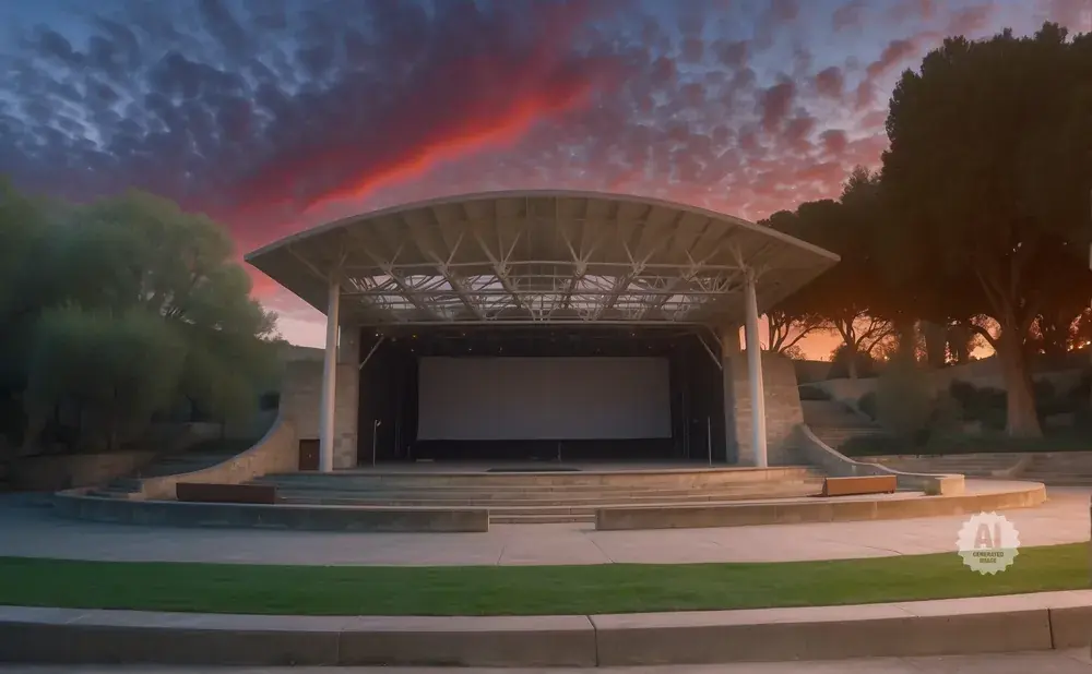 An outdoor amphitheater stage with a large screen is set against a dramatic sunset sky with red and purple clouds.