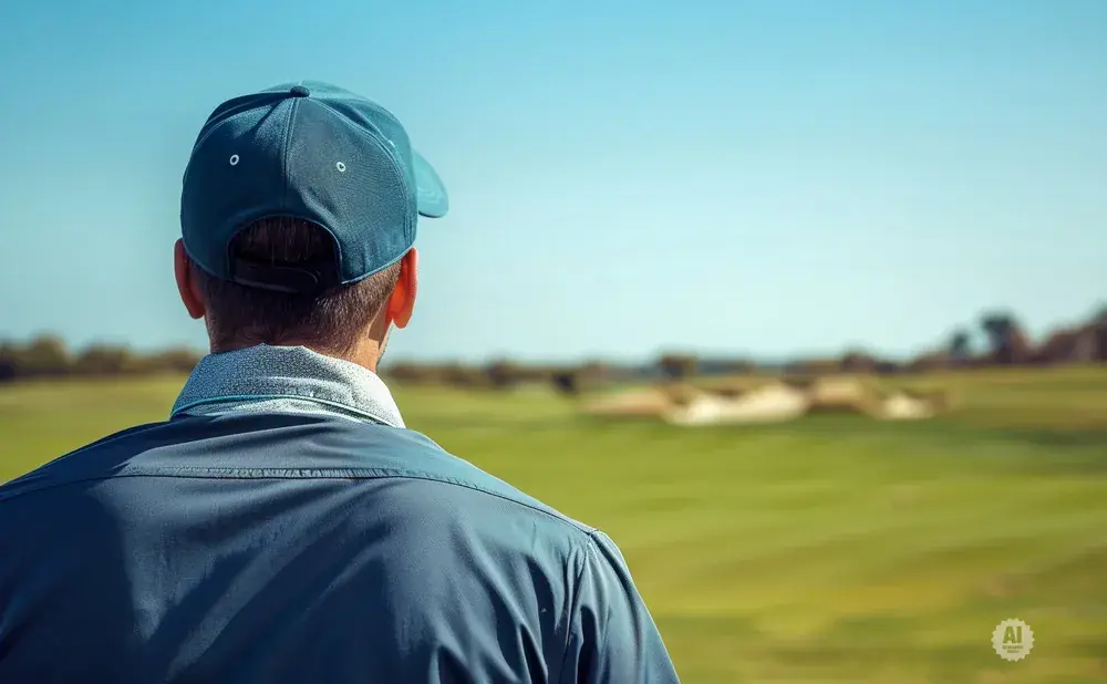Man in a blue baseball cap and jacket looks out over a golf course.