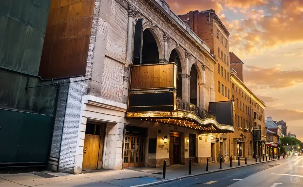 Golden hour light illuminates a grand theater entrance with a marquee and balcony, facing a city street.