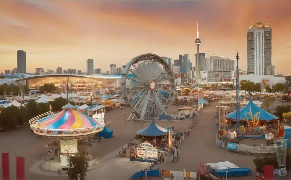 An aerial view of a bustling amusement park with a Ferris wheel, carousel, and other rides, set against a city skyline at sunset.