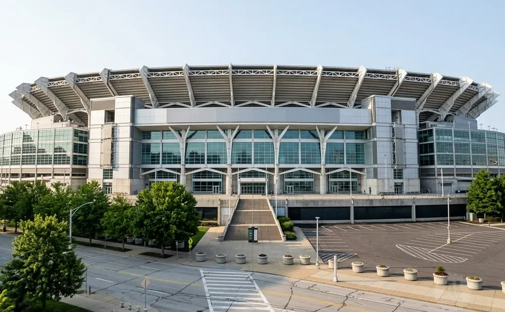 A stadium with large glass windows and seating under a metal roof.