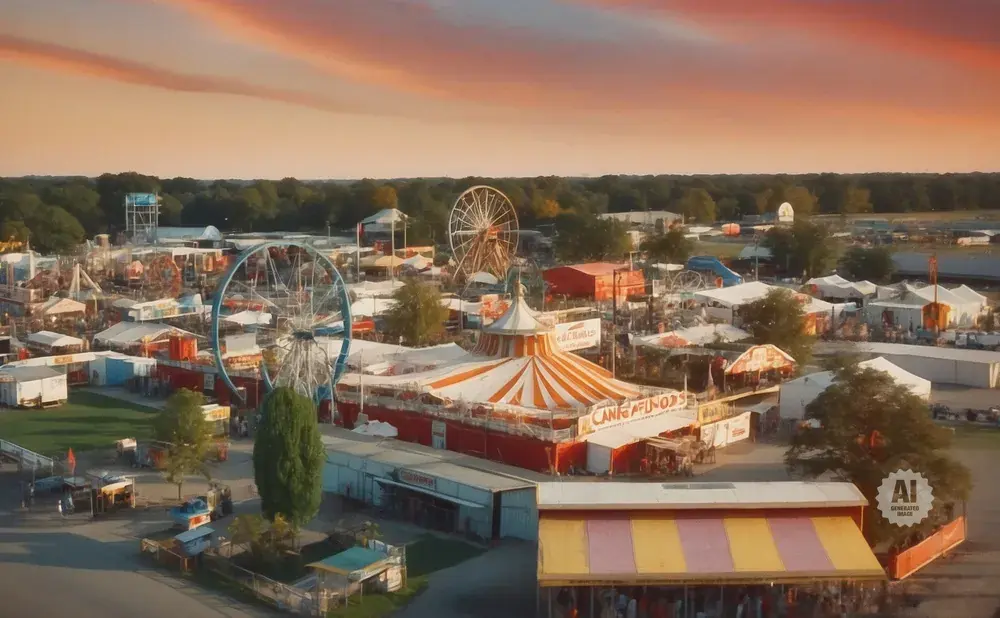 Aerial view of a carnival at sunset, featuring Ferris wheels, tents, and rides.