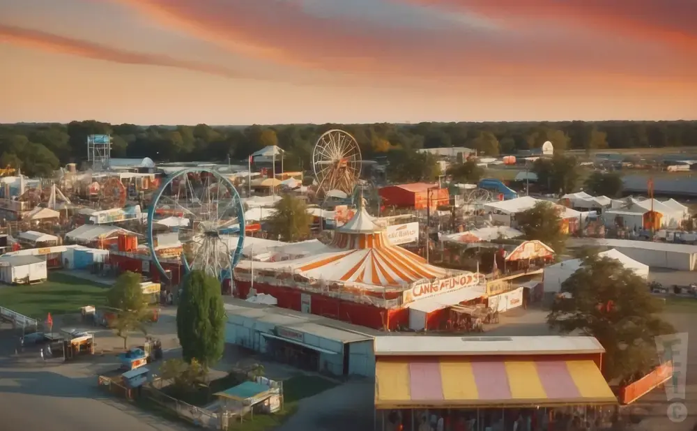 An aerial view of a bustling carnival at sunset, featuring Ferris wheels and tents.