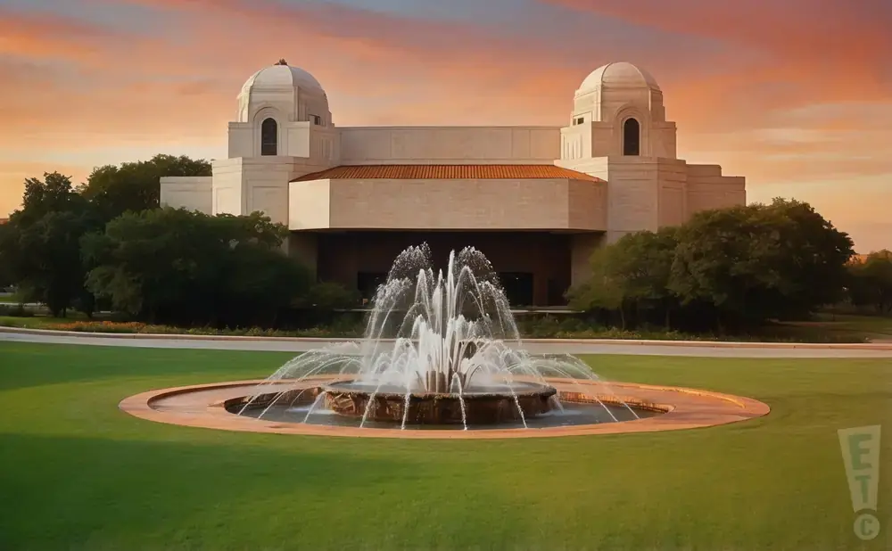 A grand building with domes and a fountain in front under a sunset sky.