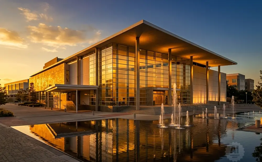 Modern building with glass facade and fountains at sunset.